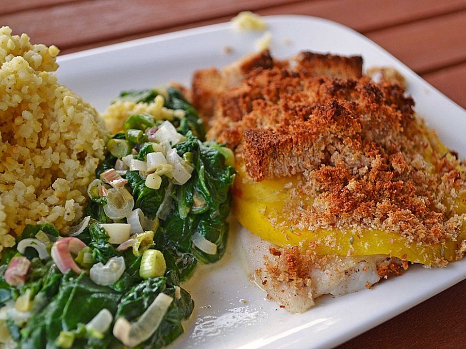 Goldbarschfilet mit Mango - Thymian - Kruste auf Rahm - Mangold| Chefkoch
