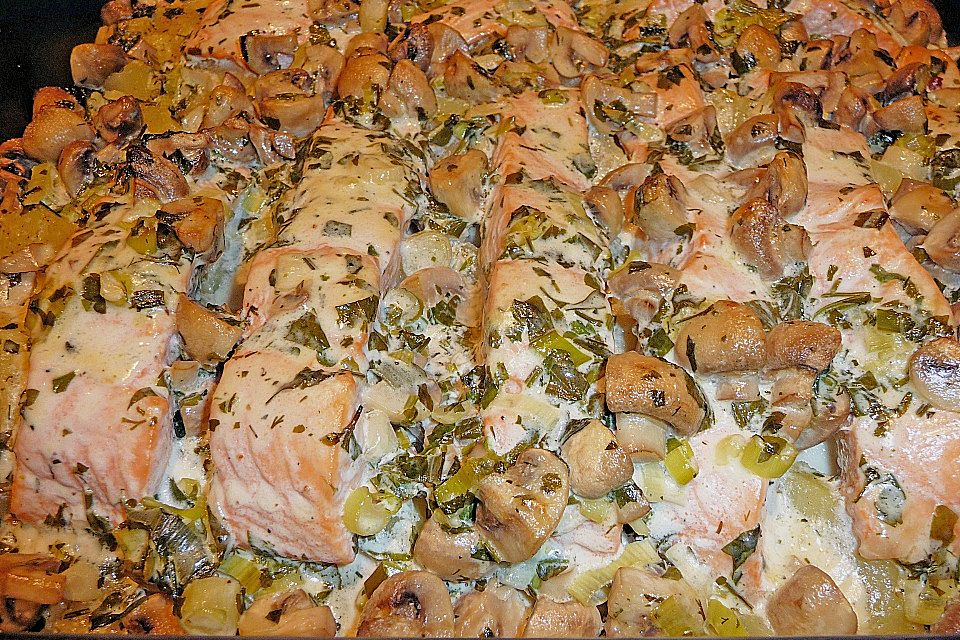 Lachs - Kartoffel Gratin mit Champignon - Rahm