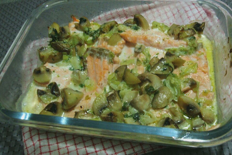 Lachs - Kartoffel Gratin mit Champignon - Rahm