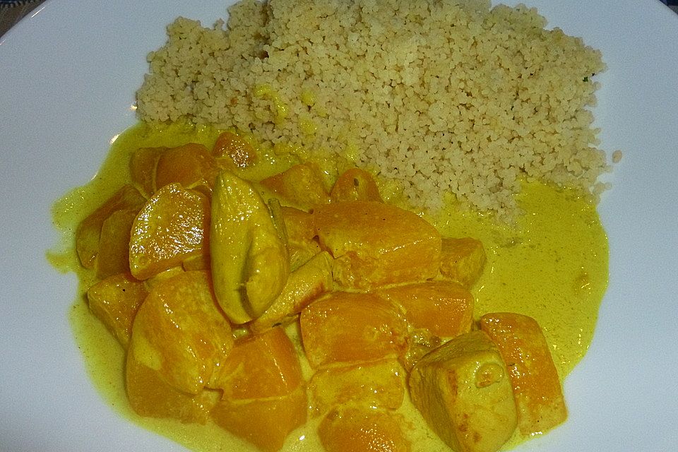 Hähnchencurry mit Pfirsichhälften