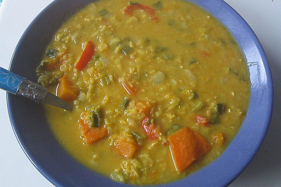 Kürbis-Kokos-Suppe mit roten Linsen