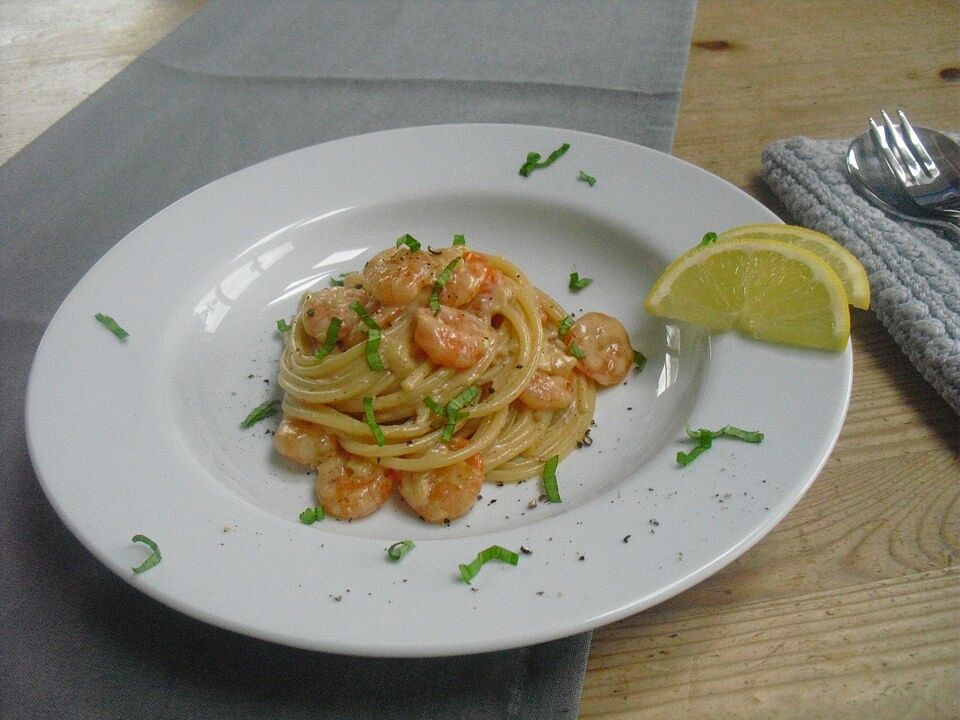 Spaghetti mit Garnelen in Sahnesoße von Schanina| Chefkoch