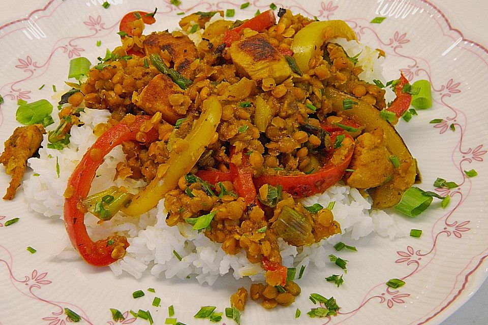 Hähnchenbrust mit Currylinsen