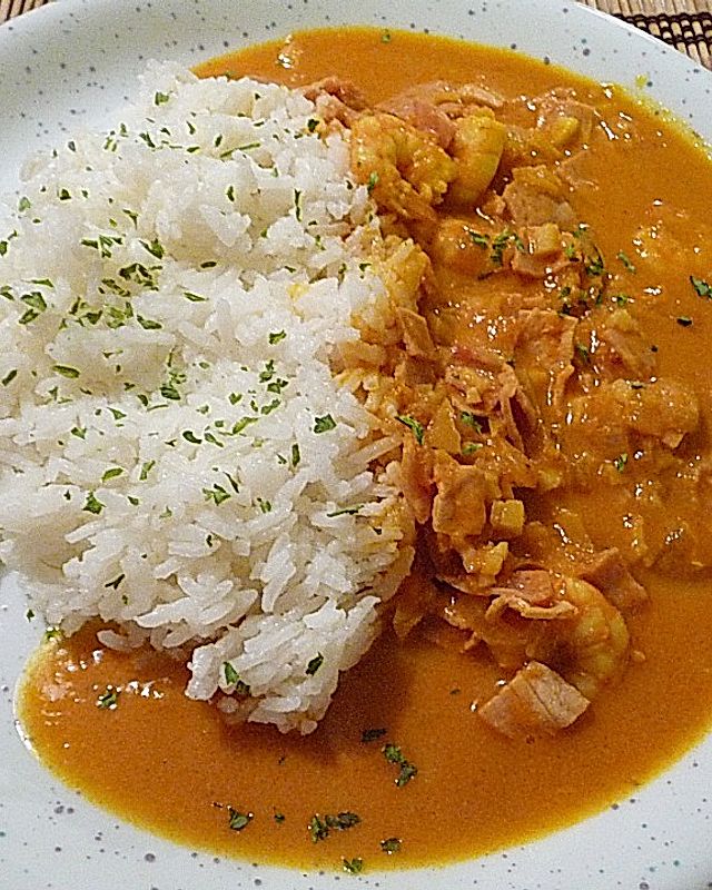 Garnelen - Curry mit Schinken