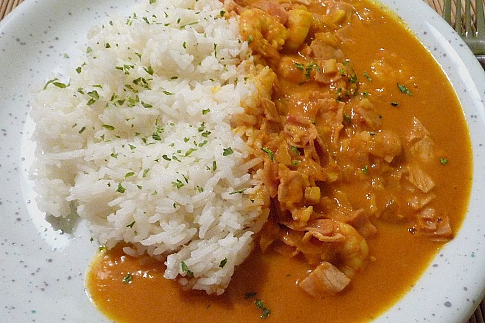 Garnelen - Curry mit Schinken