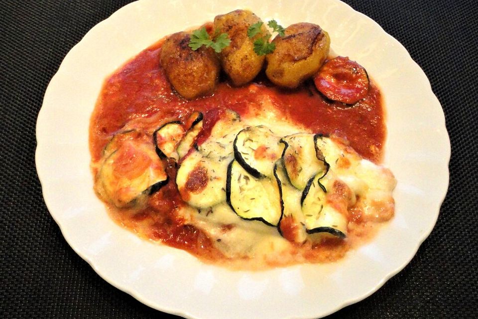 Kabeljau mit Zucchini - Mozzarella - Haube