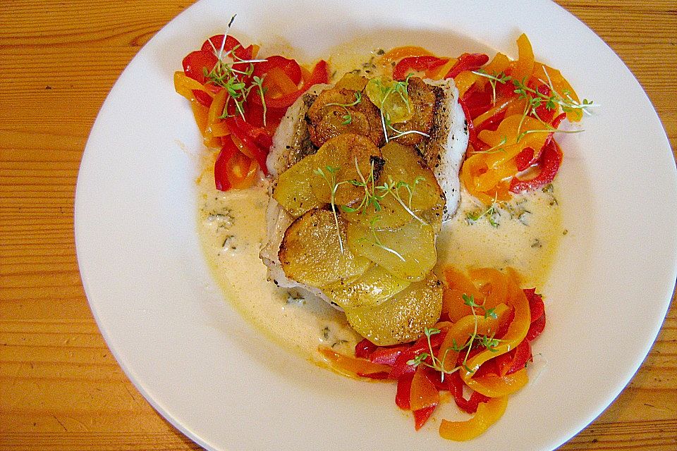 Zanderfilet mit Kartoffelkruste in Rieslingsahne