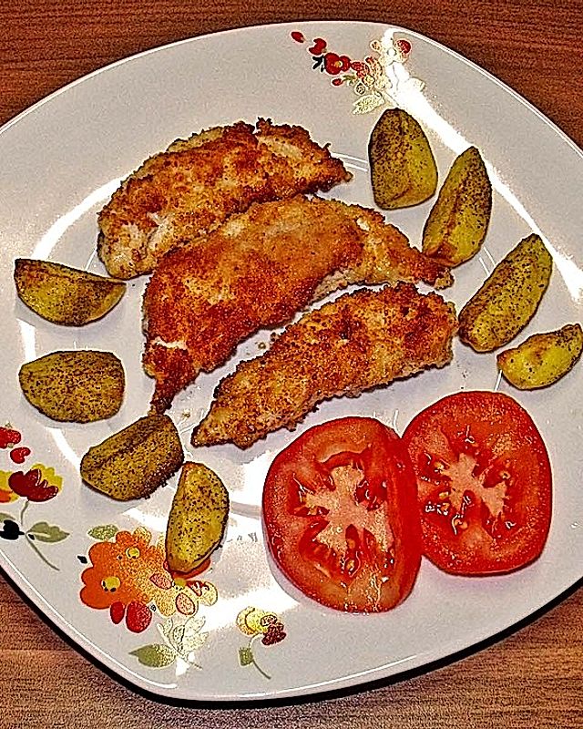 Hühnerschnitzel mit Haselnusspanade und Rosmarinkartoffel
