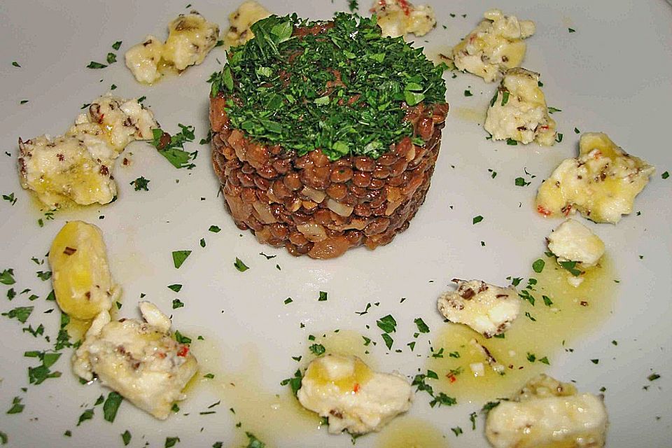 Belugalinsen mit mariniertem Feta