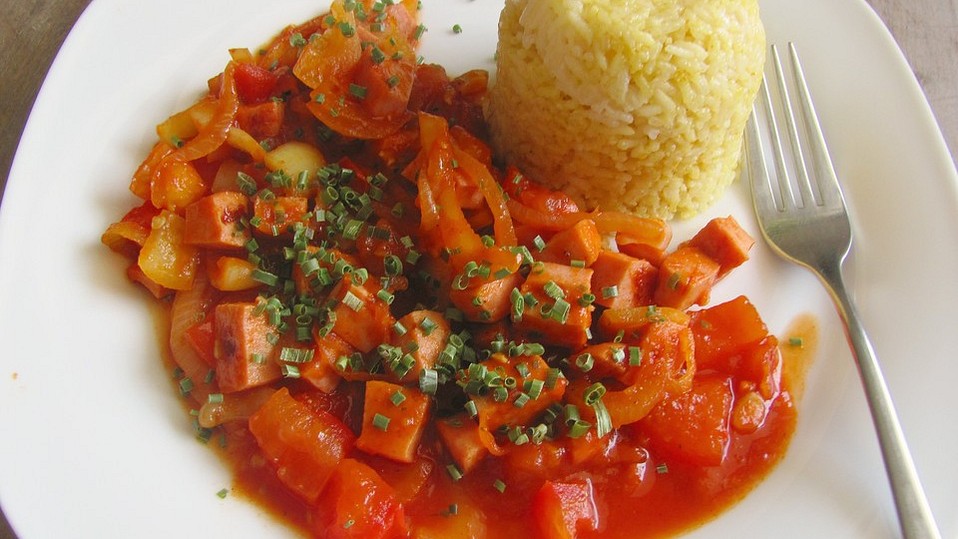 Fleischwurstpfanne mit Paprika und Tomaten von Rübenbrei