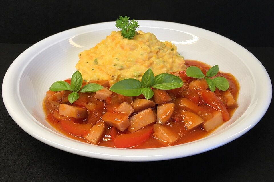 Fleischwurstpfanne mit Paprika und Tomaten