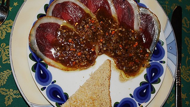 Carpaccio von geräucherter Gänsebrust von Puchzeli