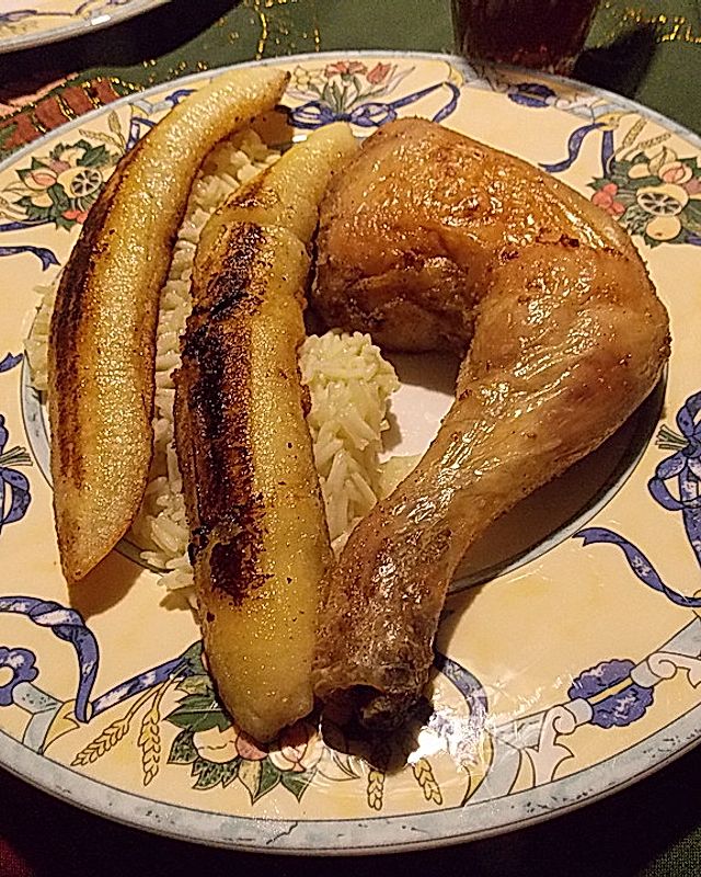 Hähnchenkeule - Curryreis - gebratene Banane
