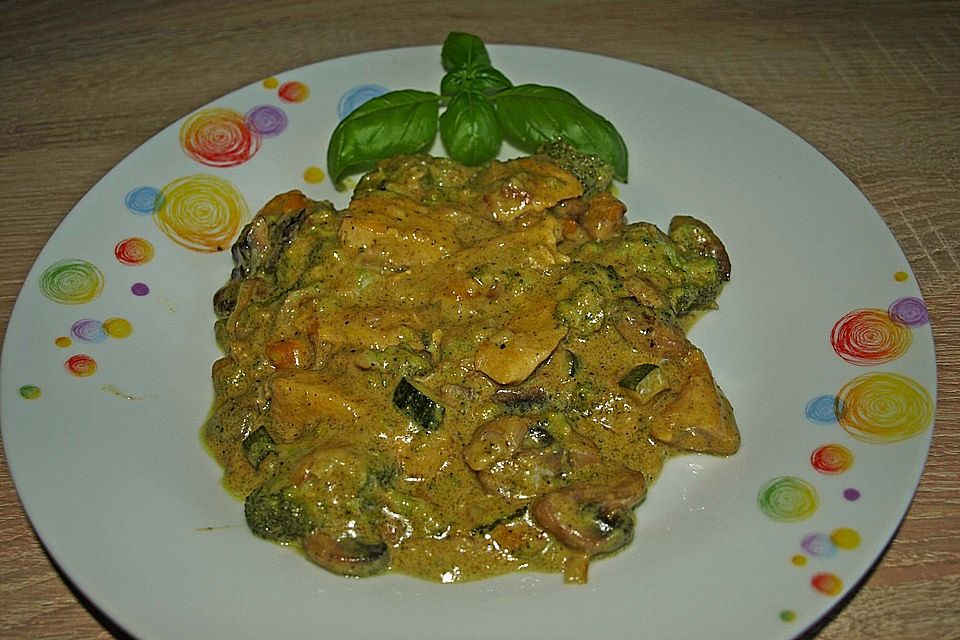 Brokkoli, Karotten und Pilze in Kokos-Curry-Sauce