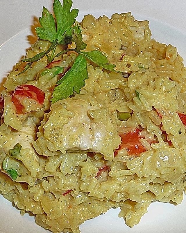 Reistopf mit Curry - Ingwer - Hähnchen und Petersilien - Joghurt