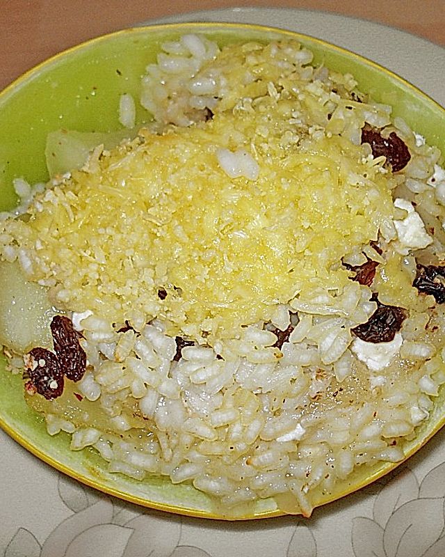 Honigmelone mit Reis, mit Käse überbacken