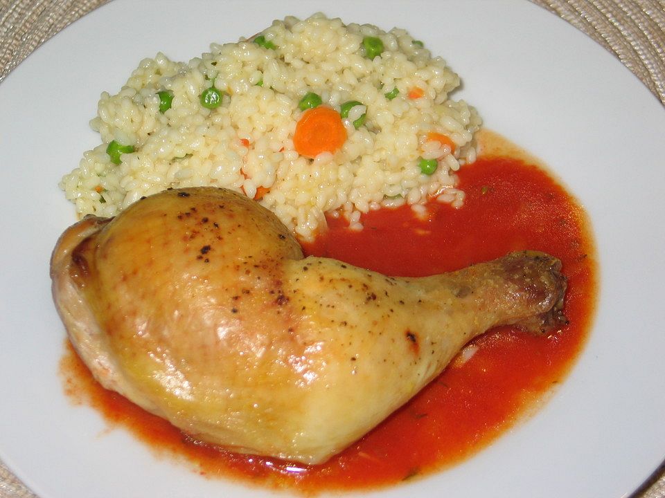 Hähnchenkeulen mit Tomatensauce und Gemüse - Kräuterreis von bienemaya ...