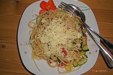 Mediterrane Spaghetti Mit Zucchini Tomaten Und Feta Kase Von Analog Girl Chefkoch