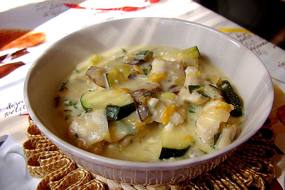 Hähnchen mit Zucchini und Champignons