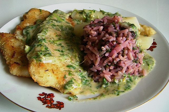 Roter Reis mit Fischfilet, Spargel und Kerbel - Kräutersoße von ...