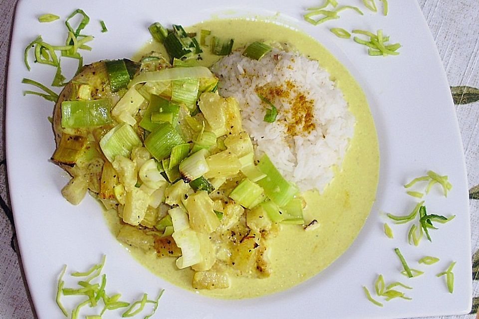 Zarte Hähnchenbrust auf dem Lauchbett in fruchtiger Ananas - Currysoße