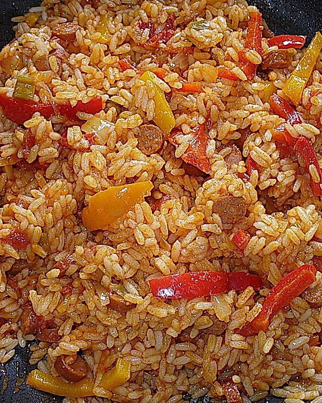 Paprika - Tomaten - Reis - Pfanne mit Debrezinern