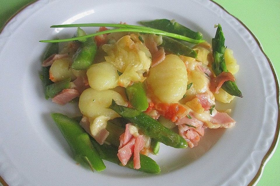 Spargelauflauf mit Kartoffeln und Schinken