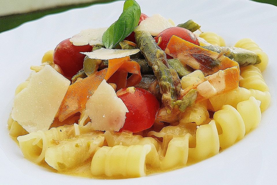 Pasta mit grünem Spargel und Karottenstreifen