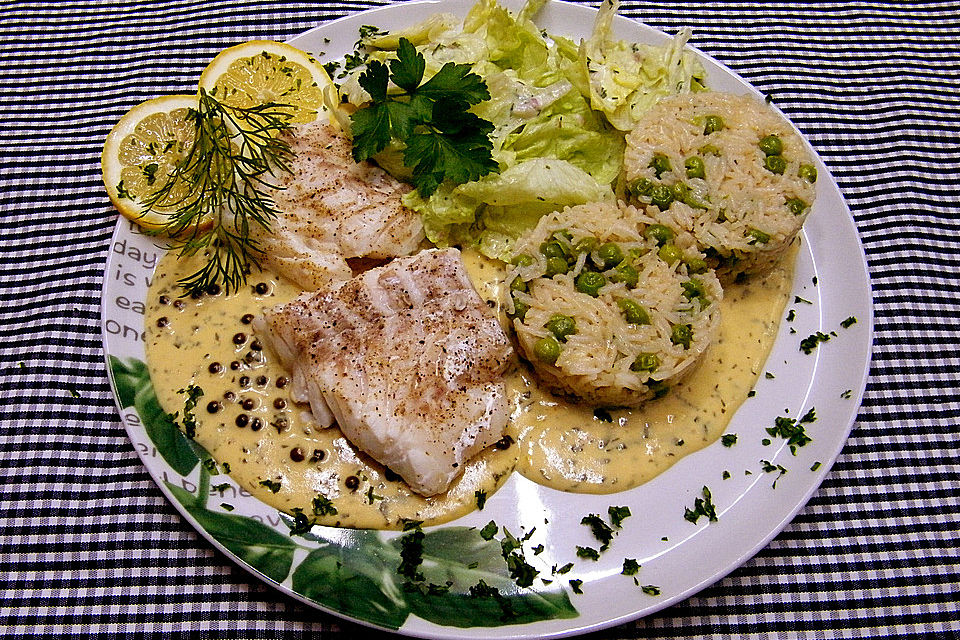 Gedünsteter Heilbutt auf Pfeffer - Senf - Sauce