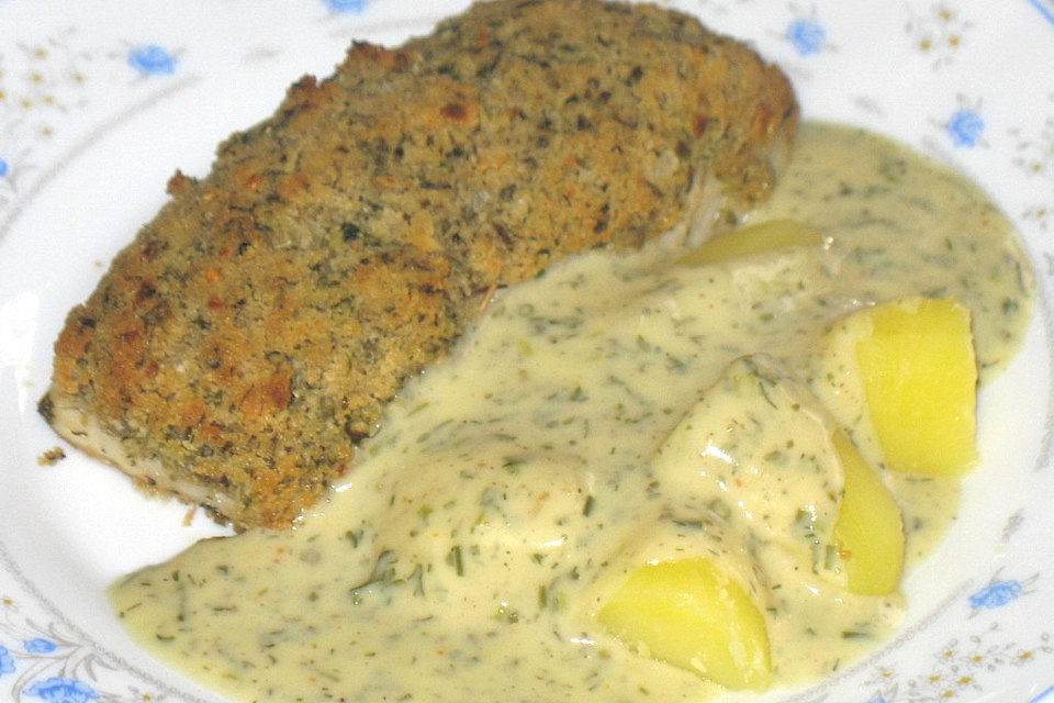 Schlemmerfilet à la Bordelaise mit Gurkensalat und Stampfkartoffeln