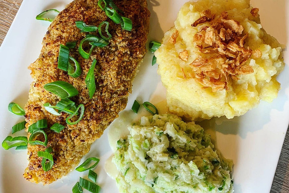 Schlemmerfilet à la Bordelaise mit Gurkensalat und Stampfkartoffeln