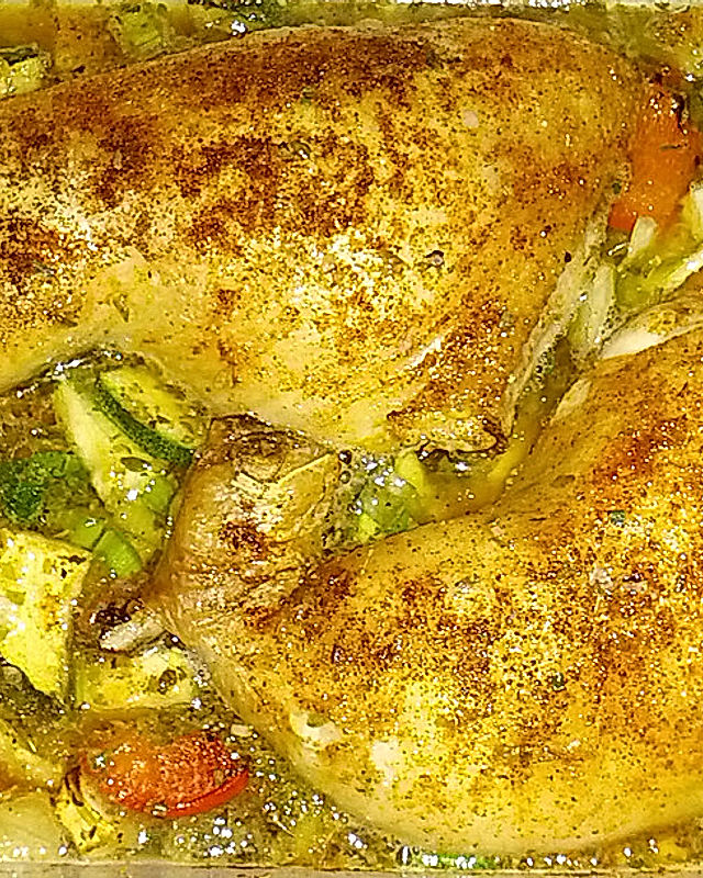 In Absinth geschmorte Hühnerschenkel auf Fenchel - Zucchini - Gemüse