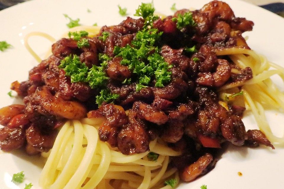 Linguine mit Garnelen und Sahne - Knoblauch - Sauce