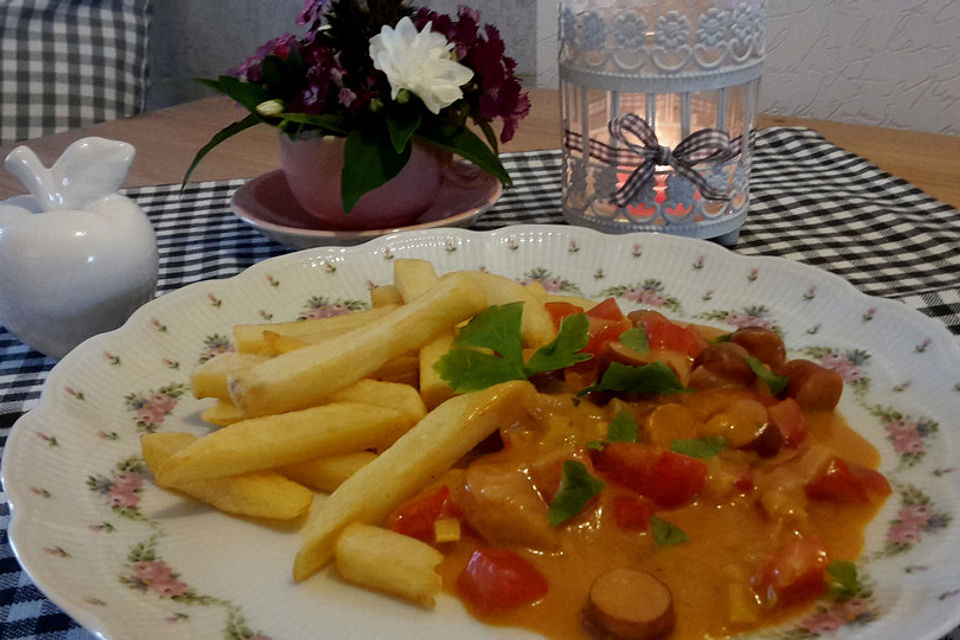 Wurstgulasch mit Pommes frites