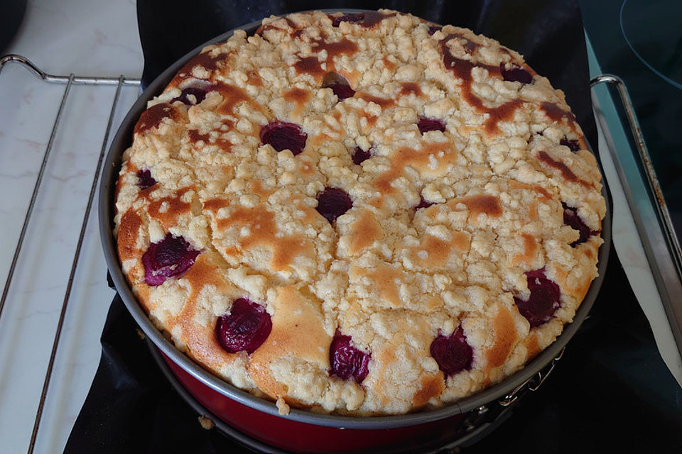 Käsekuchen mit Kirschen und Streuseln