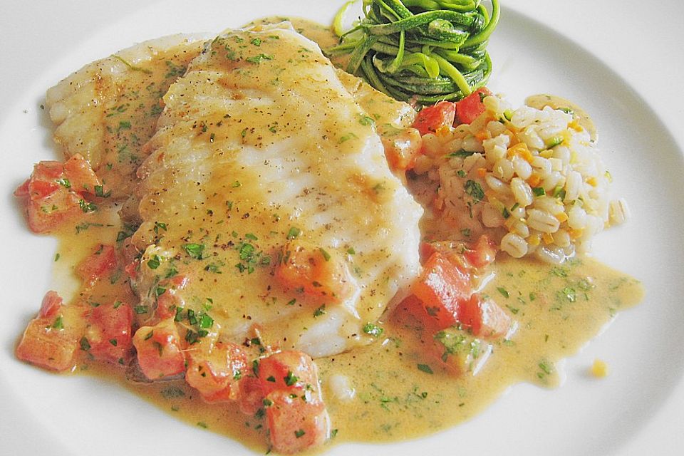 Rochenflügelfilets in Sardellensauce mit Tomatenwürfeln und Zucchinispagetti