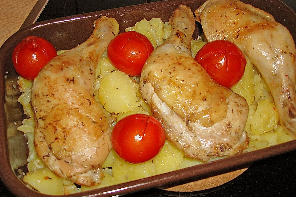 Provenzalische Hähnchenschenkel mit Knoblauchkartoffeln und Schmortomaten