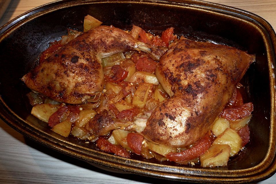 Hähnchen-Tomaten-Zwiebel-Kartoffel-Topf