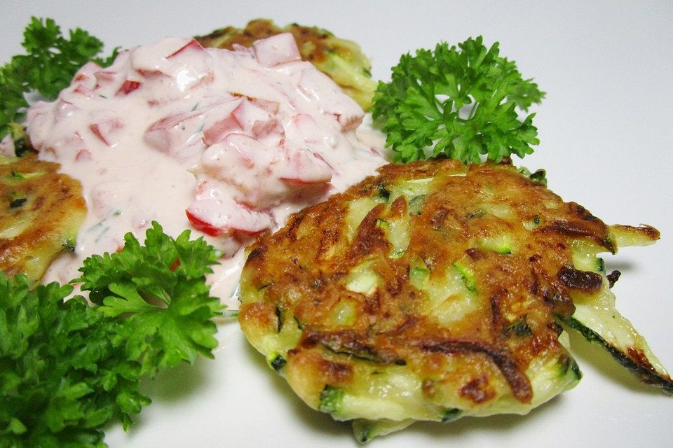 Zucchinipuffer mit Paprikaschmand