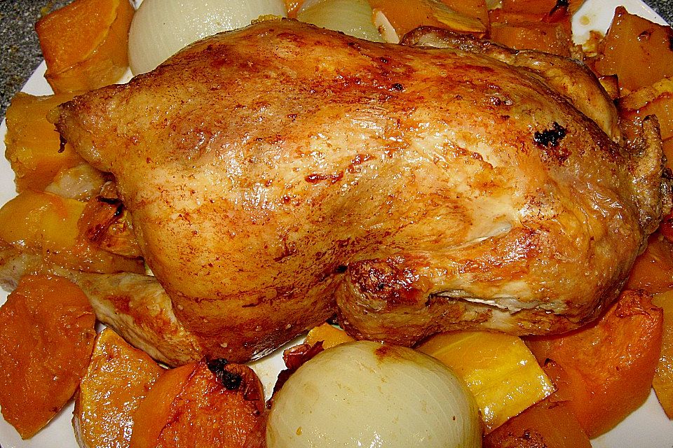 Zitronenhuhn mit Butternut - Kürbis und Zwiebeln