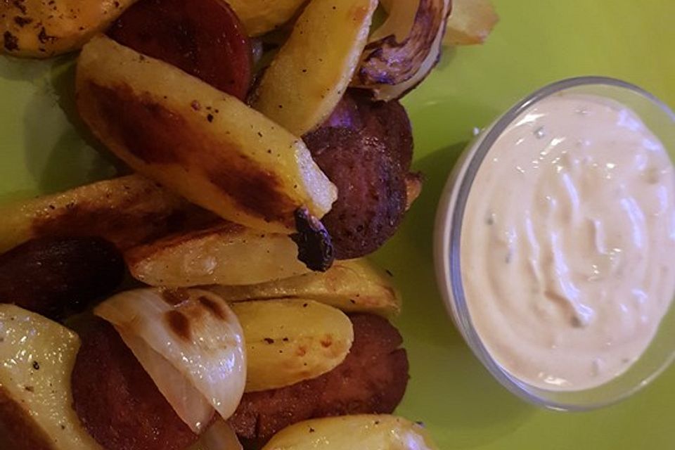 Ofenkartoffeln mit Zwiebeln, Chorizo und Sauerrahm - Paprika - Dip