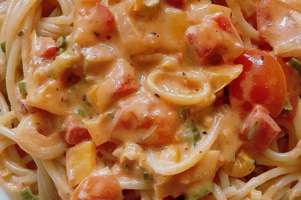 Spaghetti in cremiger Paprika-Tomaten-Frühlingszwiebel-Sauce