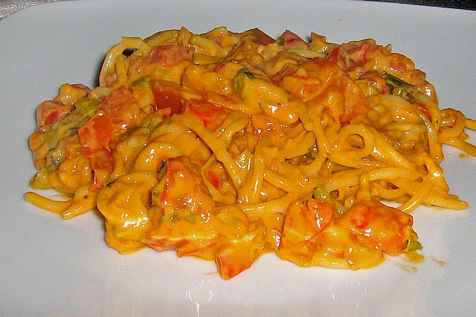 Spaghetti in cremiger Paprika-Tomaten-Frühlingszwiebel-Sauce