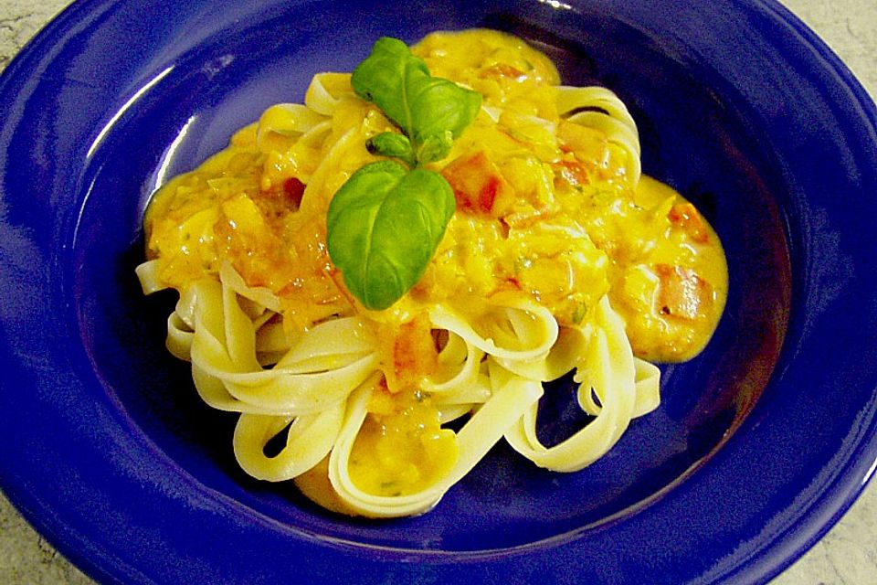 Spaghetti in cremiger Paprika-Tomaten-Frühlingszwiebel-Sauce