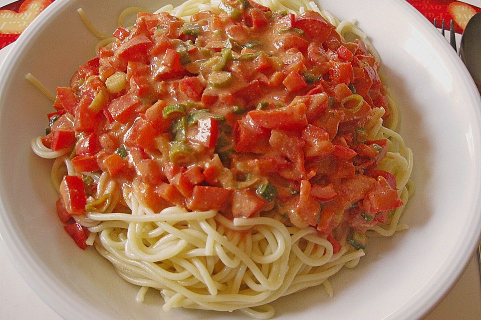 Spaghetti in cremiger Paprika-Tomaten-Frühlingszwiebel-Sauce