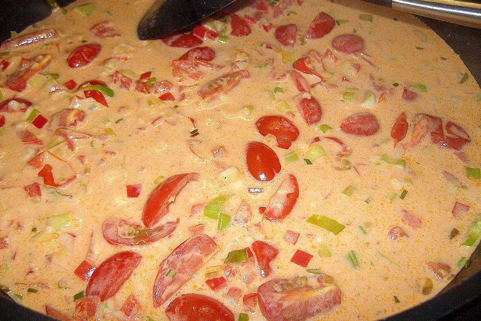 Spaghetti in cremiger Paprika-Tomaten-Frühlingszwiebel-Sauce
