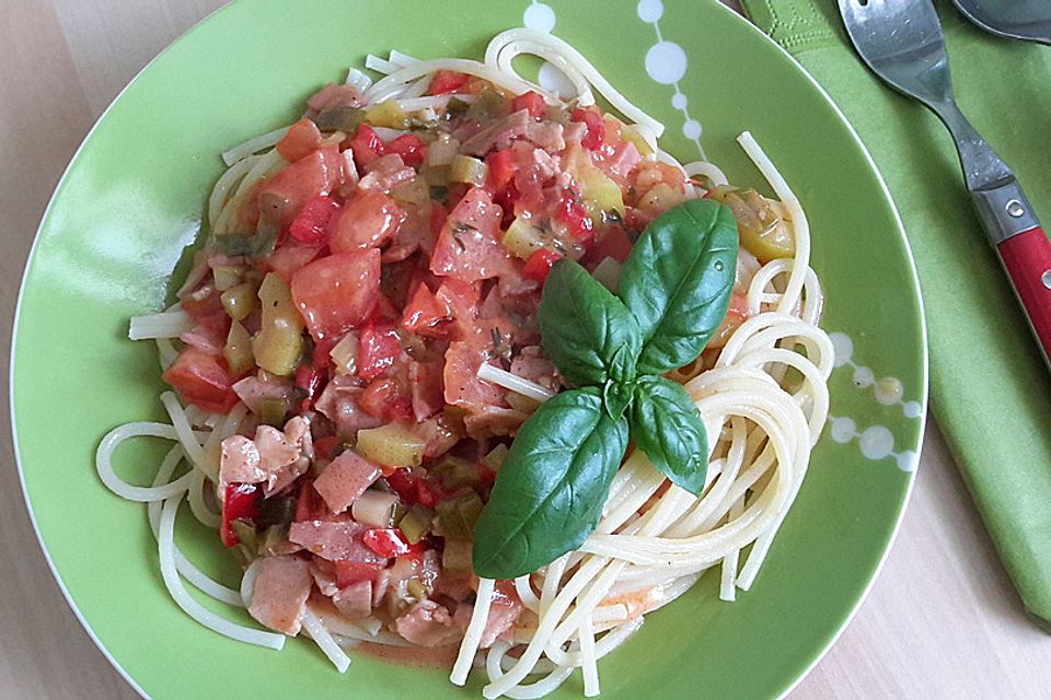 Spaghetti in cremiger Paprika-Tomaten-Frühlingszwiebel-Sauce