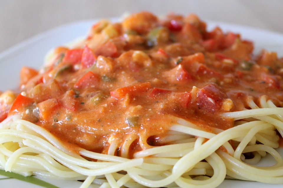 Spaghetti in cremiger Paprika-Tomaten-Frühlingszwiebel-Sauce