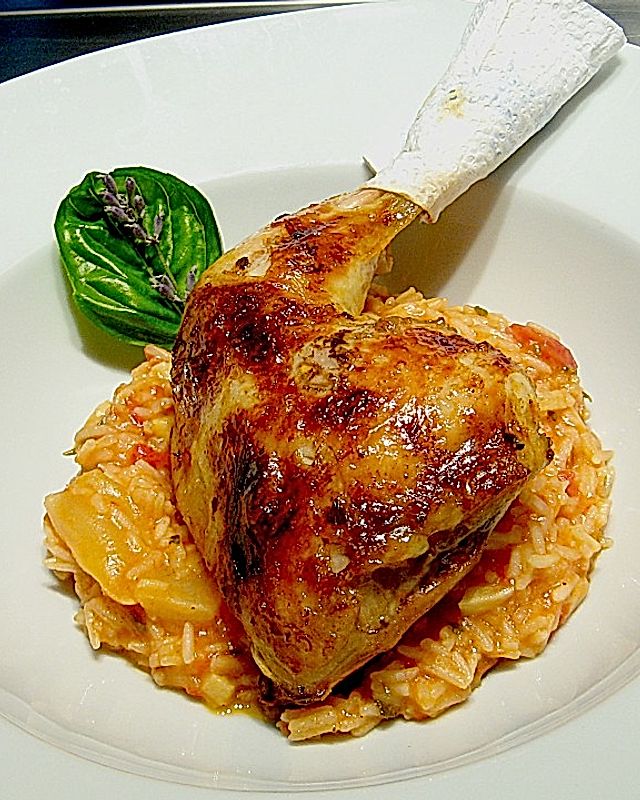 Kräuter - Fenchel - Risotto mit knusprigem Hühnerschenkel