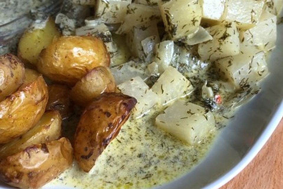 Kohlrabi in Dillsauce mit gebackenen Zitronenkartoffeln